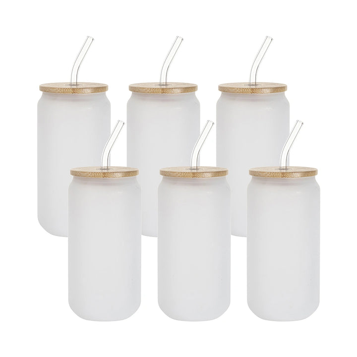 Craft Express 6 Pack Sublimation Can-Shaped Frosted Glasses with Bamboo Lids and Straws - Craft Express Canada